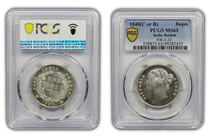 1840 India (C or B) Silver Rupee Coin PCGS MS 63