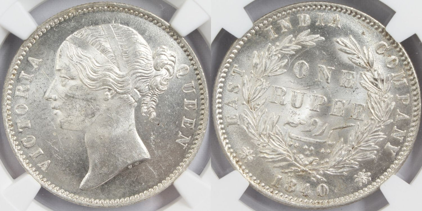 1840 India (C or B) Silver Rupee Coin NGC MS 63
