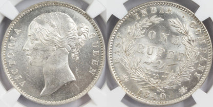 1840 India (C or B) Silver Rupee Coin NGC MS 63