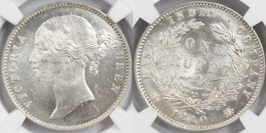 1840 India (C or B) Silver Rupee Coin NGC MS 63