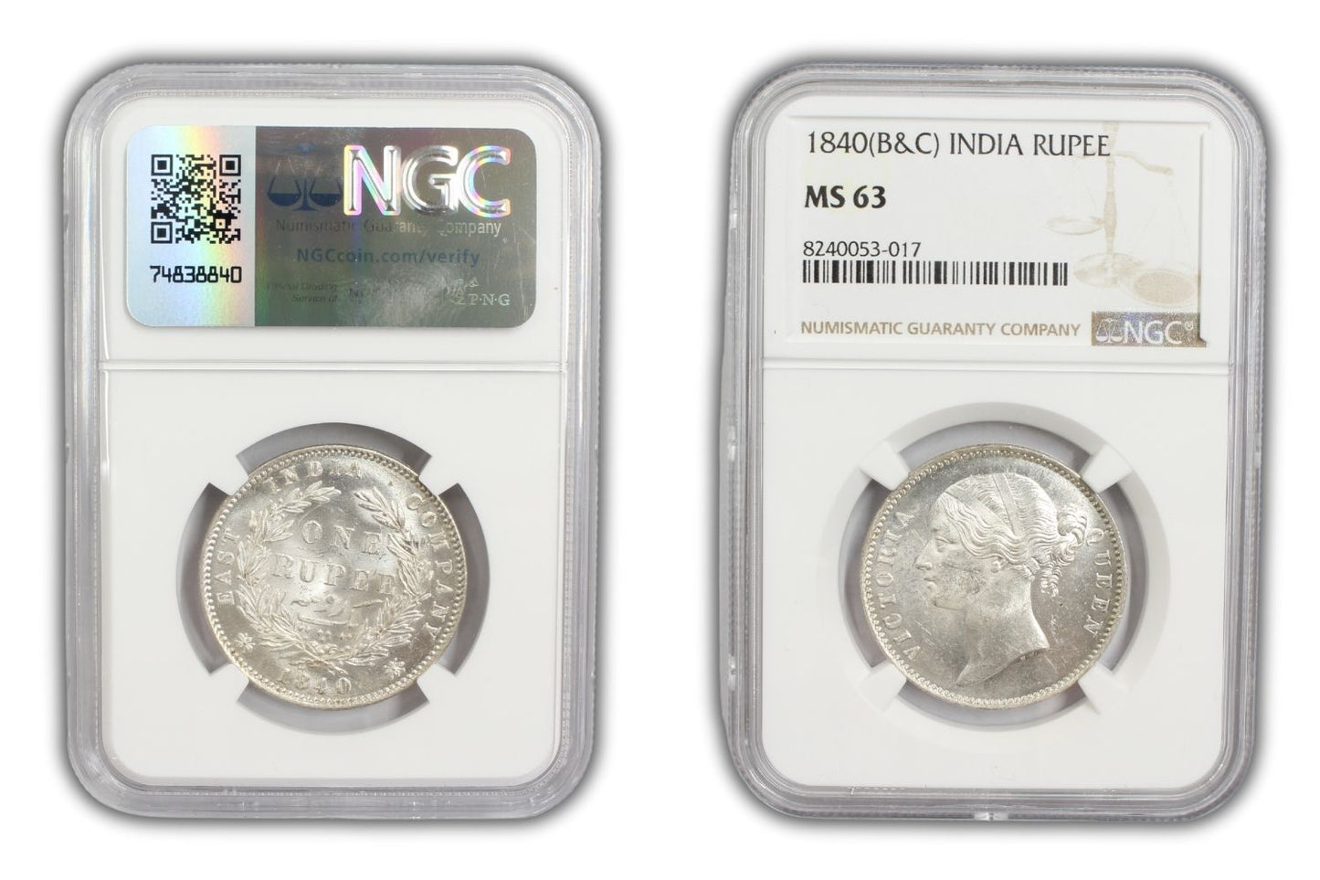 1840 India (C or B) Silver Rupee Coin NGC MS 63
