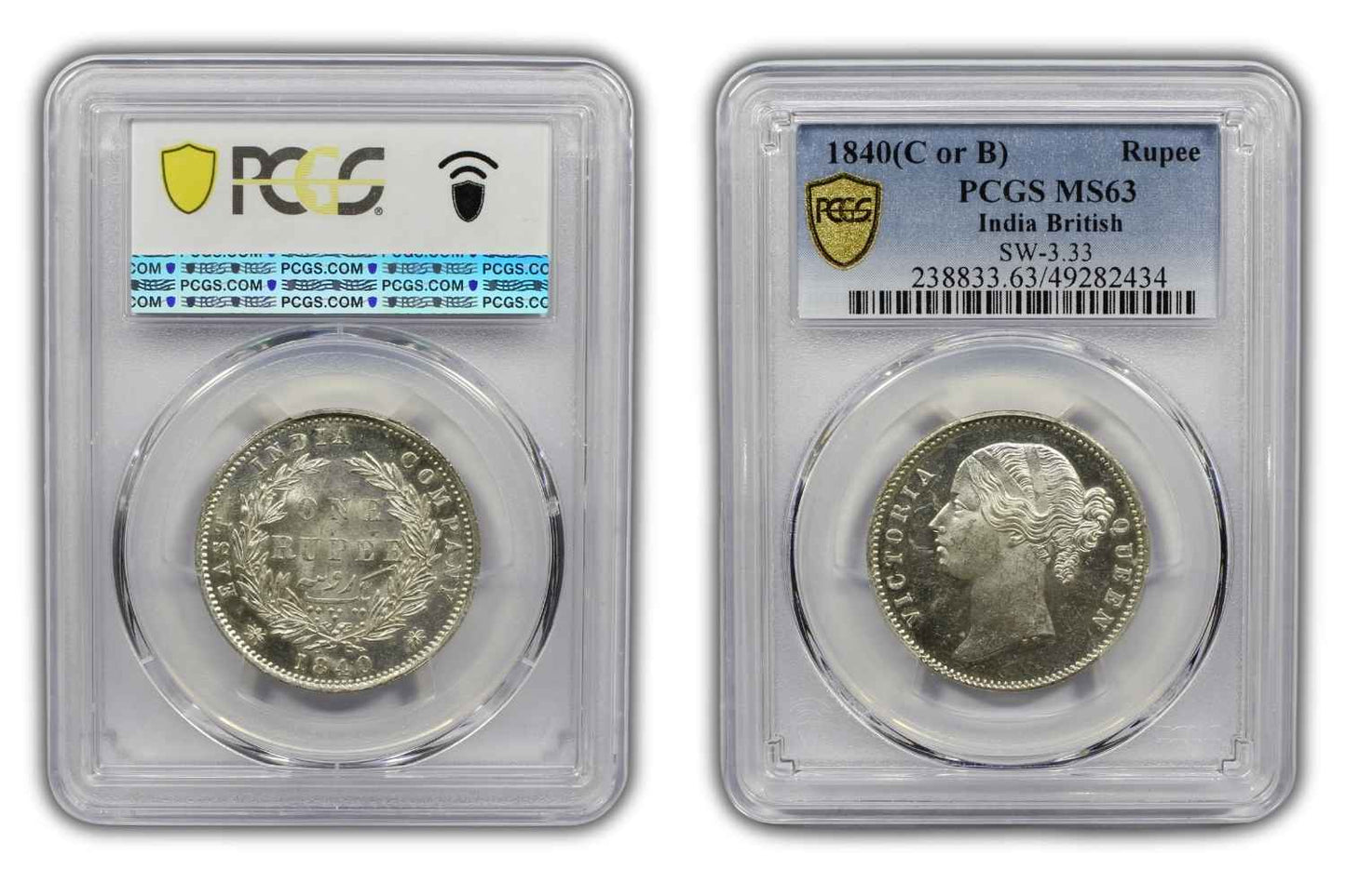 1840 India (C or B) Silver Rupee Coin PCGS MS 63