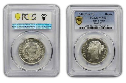 1840 India (C or B) Silver Rupee Coin PCGS MS 63