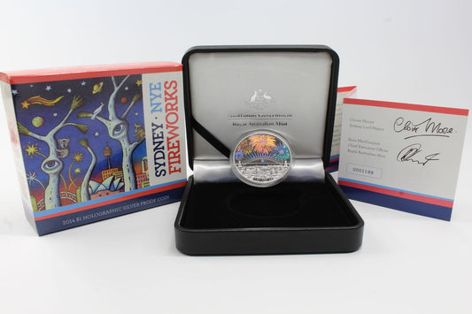 Australia 2014 $1 HOLOGRAPHIC SILVER PROOF COIN - SYDNEY NYE FIREWORKS