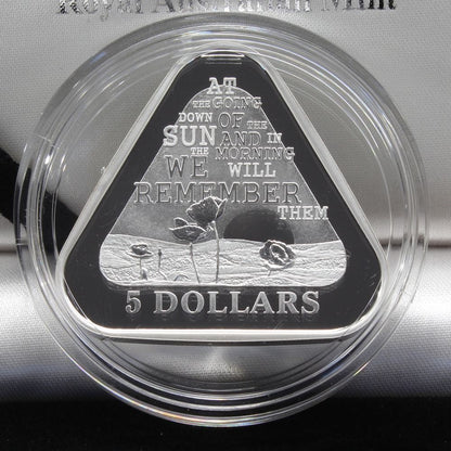 Australia 2014  Lest We Forget $5 Silver 1 Oz Proof Triangular Coin