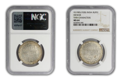 1928 India Mewar Princely State Rupee Coin NGC MS64 THIN CHARACTERS