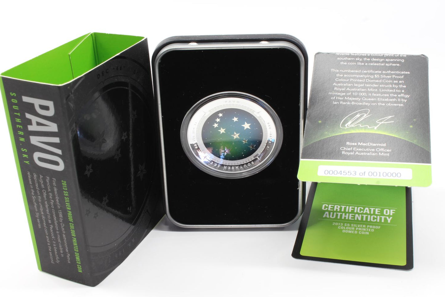 2013 Australia $5 PAVO Southern Sky DOMED 1oz Silver Proof Coloured Coin