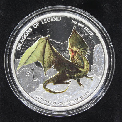 2013 Tuvalu Dragons of Legend European Green Dragon 1oz Silver Proof $1 Coin