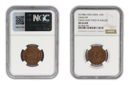 1929 India Gwalior Princely State 1/4 Anna Coin NGC MS64 RB