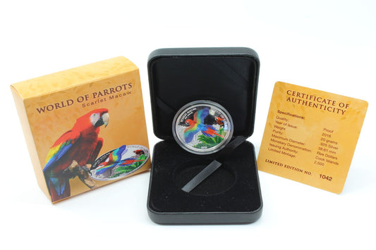 2016 Cook Islands $5 World of Parrots: Scarlet Macaw Silver 3D Coin