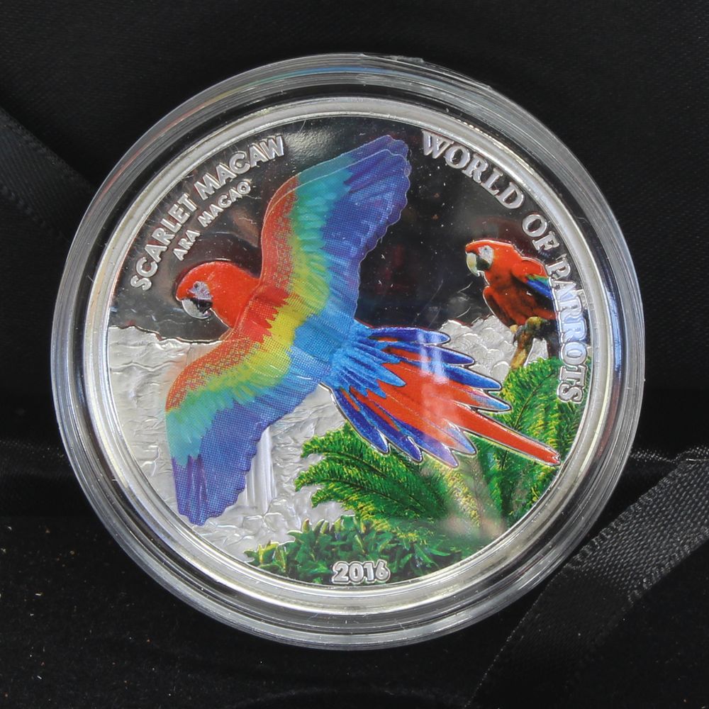 2016 Cook Islands $5 World of Parrots: Scarlet Macaw Silver 3D Coin