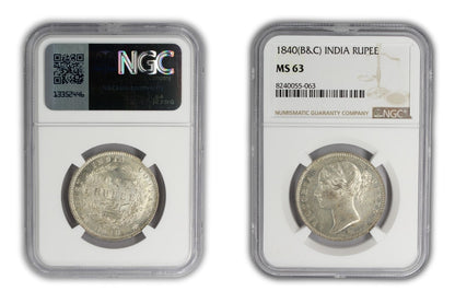 1840 India Silver Rupee Coin NGC MS 63