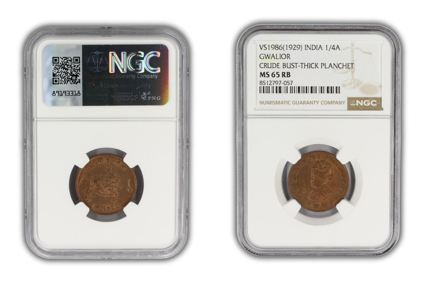 1929 India Gwalior Princely State 1/4 Anna Coin NGC MS65 RB