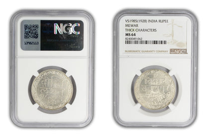 1928 India Mewar Princely State Rupee Coin NGC MS64 THICK CHARACTERS