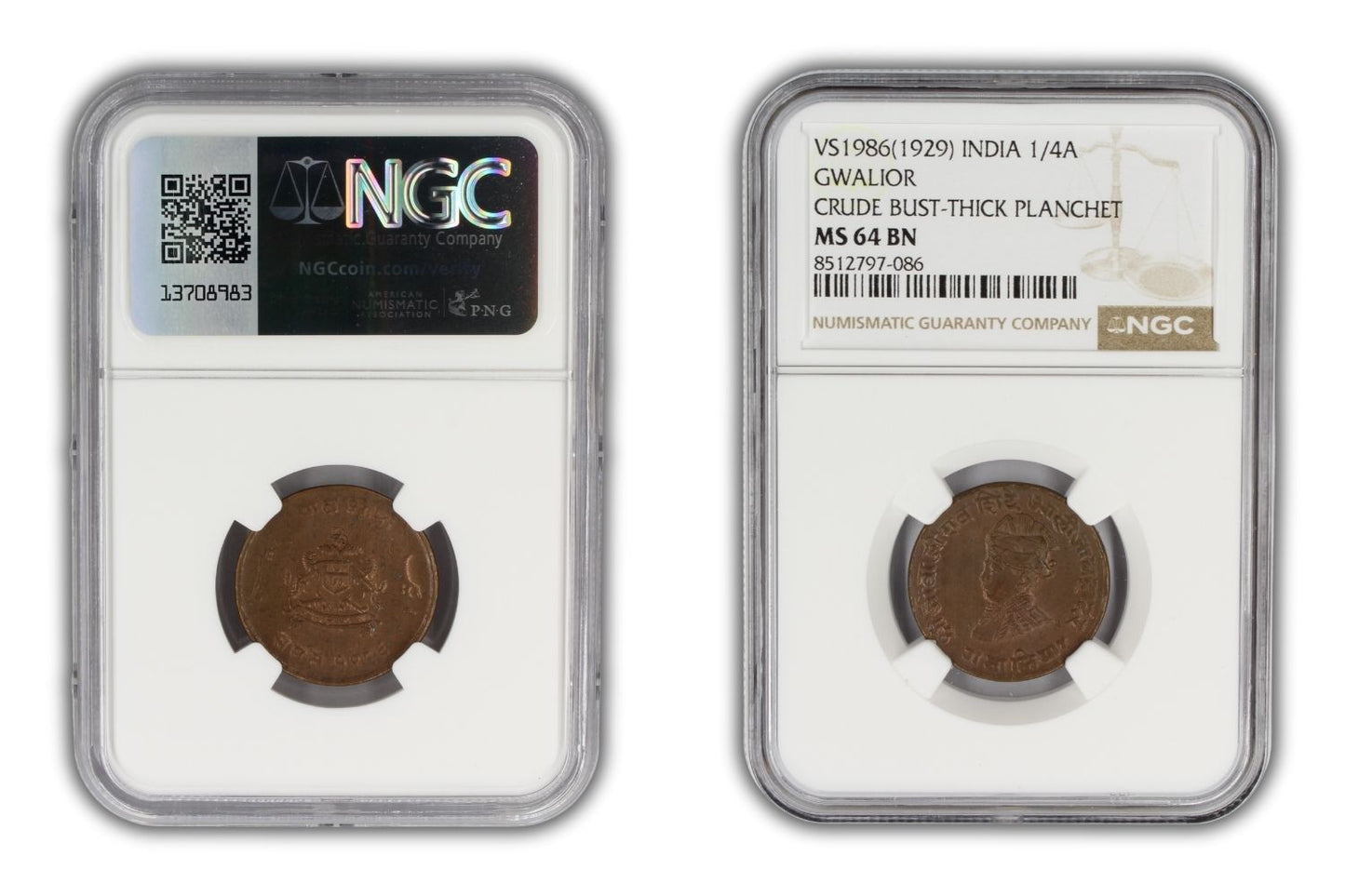 1929 India Gwalior Princely State 1/4 Anna Coin NGC MS64 BN