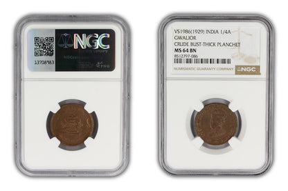 1929 India Gwalior Princely State 1/4 Anna Coin NGC MS64 BN