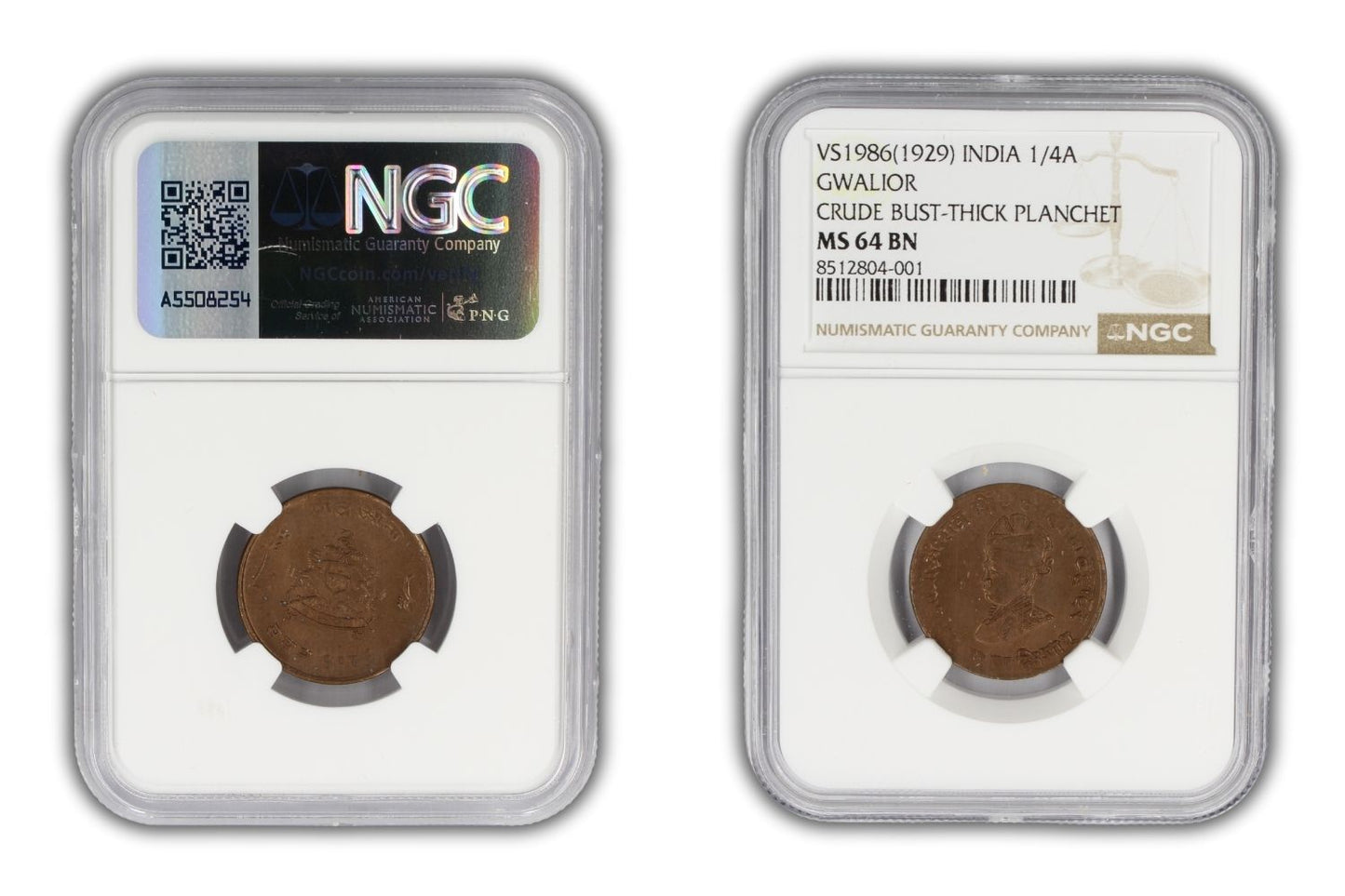 1929 India Gwalior Princely State 1/4 Anna Coin NGC MS64 BN