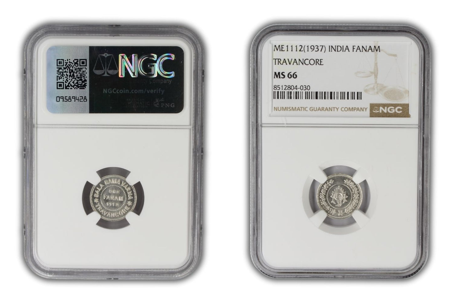 1937 (ME1112) India Silver Fanam Travancore Princely State Coin NGC MS66