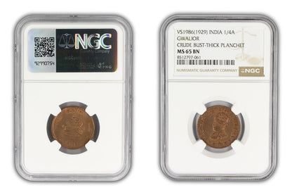 1929 India Gwalior Princely State 1/4 Anna Coin NGC MS65 BN