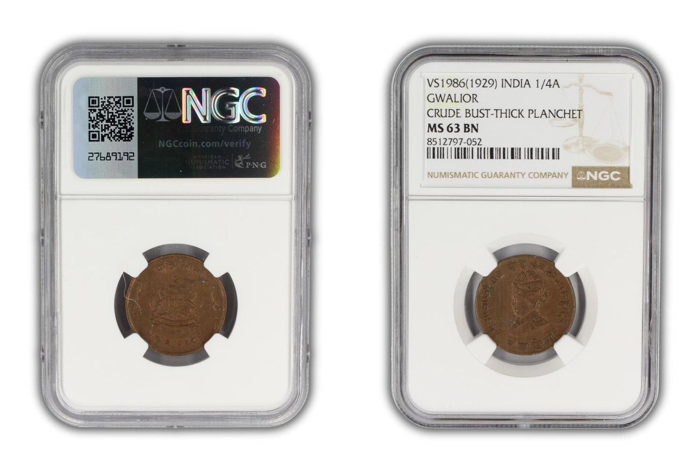 1929 India Gwalior Princely State 1/4 Anna Coin NGC MS63 BN