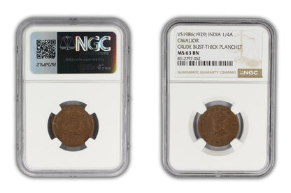 1929 India Gwalior Princely State 1/4 Anna Coin NGC MS63 BN