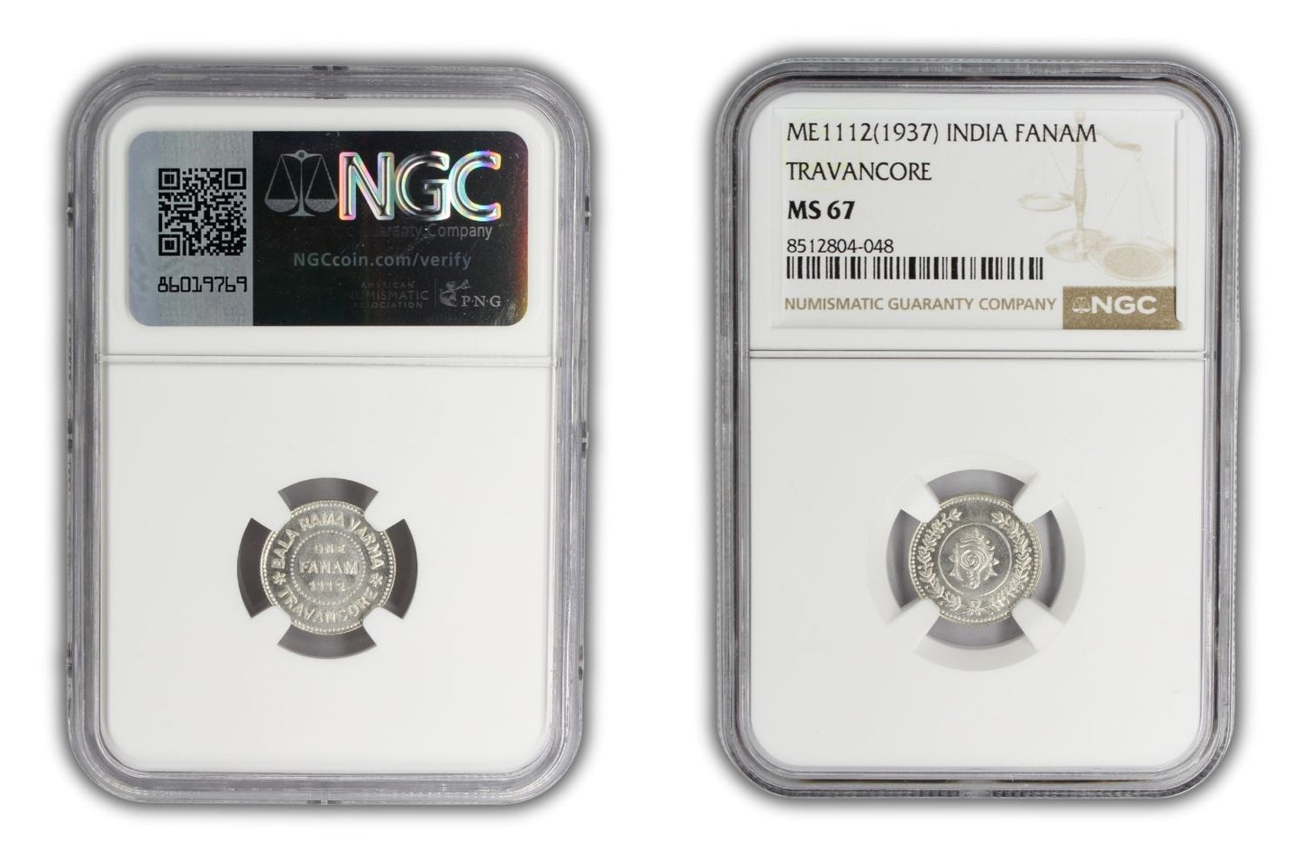 1937 (ME1112) India Silver Fanam Travancore Princely State Coin NGC MS67 TOP !