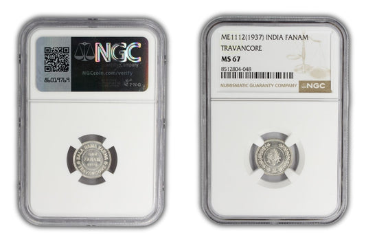 1937 (ME1112) India Silver Fanam Travancore Princely State Coin NGC MS67 TOP !