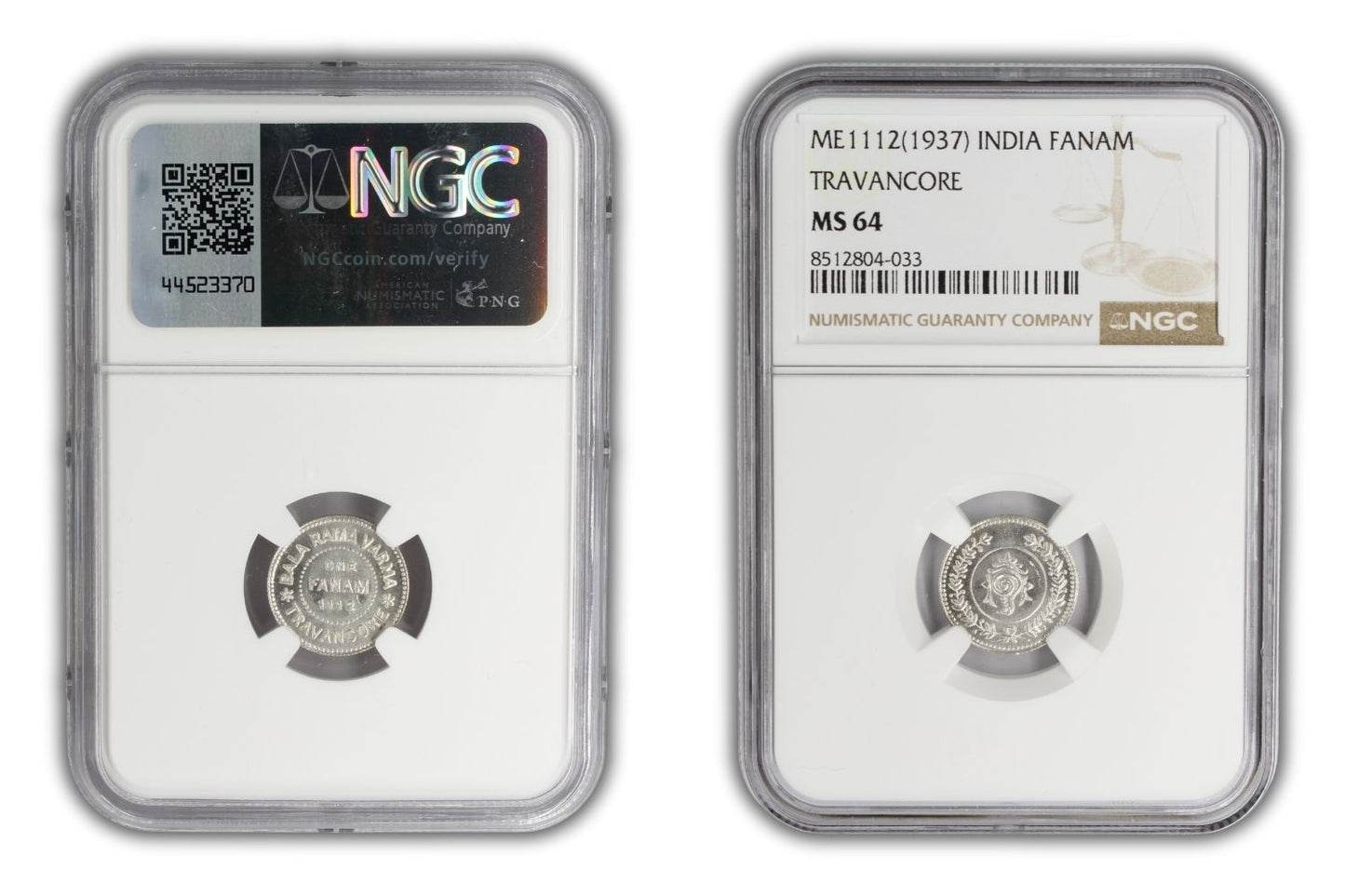 1937 (ME1112) India Silver Fanam Travancore Princely State Coin NGC MS64