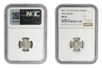 1937 (ME1112) India Silver Fanam Travancore Princely State Coin NGC MS64