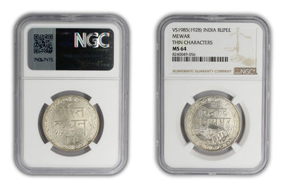 1928 India Mewar Princely State Rupee Coin NGC MS64 THIN CHARACTERS