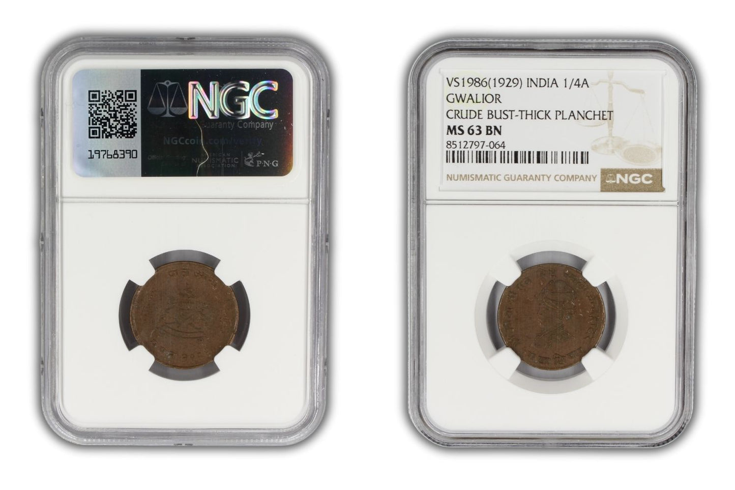 1929 India Gwalior Princely State 1/4 Anna Coin NGC MS63 BN