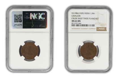 1929 India Gwalior Princely State 1/4 Anna Coin NGC MS63 BN