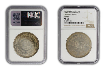 India 5 Tolas Silver .999 Habib Bank Large Vintage Bullion Round NGC AU58