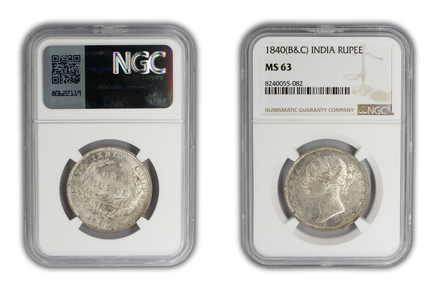 1840 India Silver Rupee Coin NGC MS 63