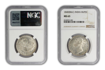 1840 India Silver Rupee Coin NGC MS 63