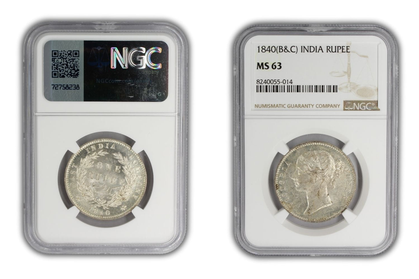 1840 India Silver Rupee Coin NGC MS 63