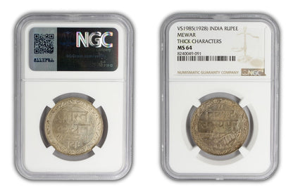 1928 India Mewar Princely State Rupee Coin NGC MS64 THICK CHARACTERS