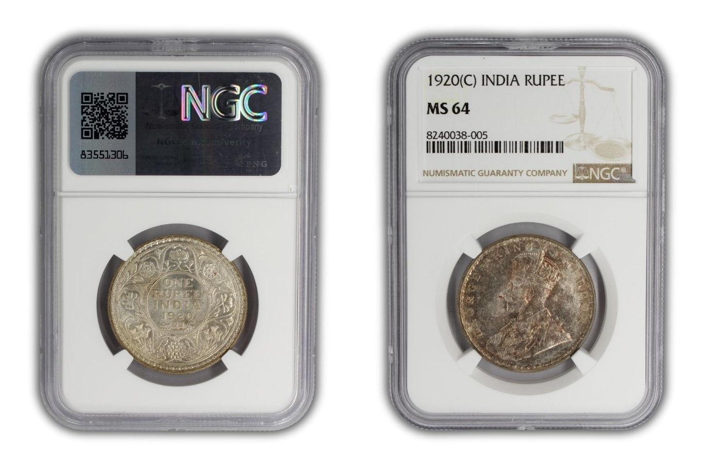 1920 (C) India Silver Rupee Coin NGC MS64
