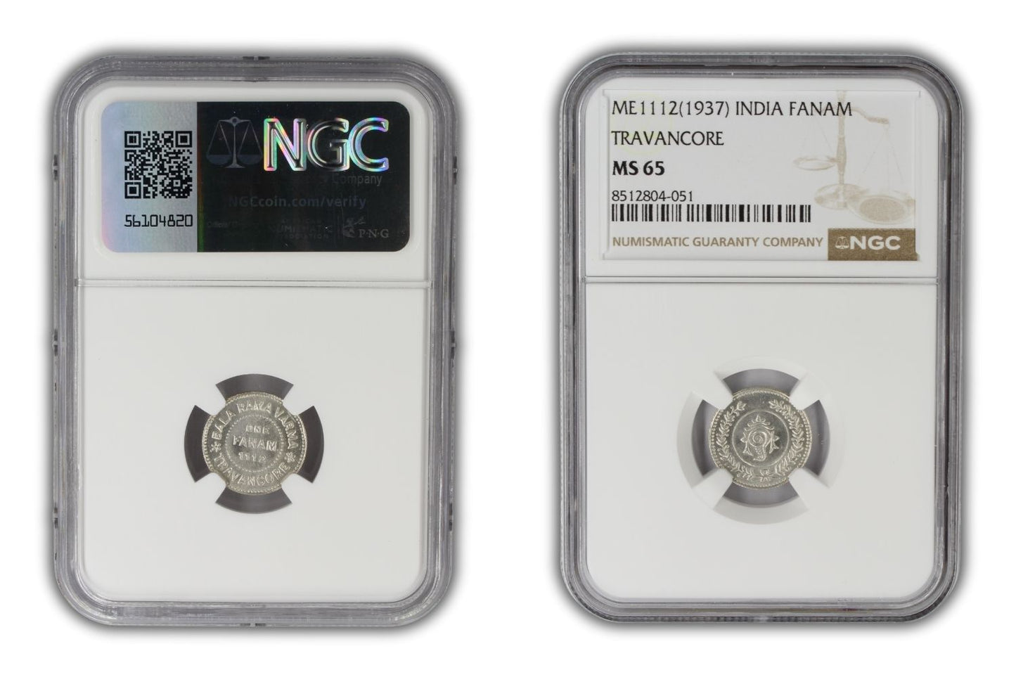1937 (ME1112) India Silver Fanam Travancore Princely State Coin NGC MS65
