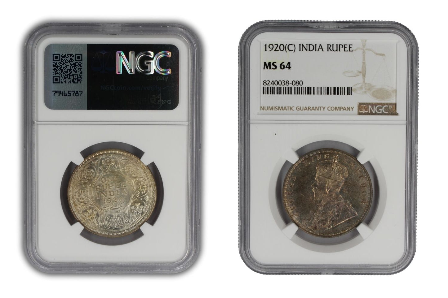 1920 (C) India Silver Rupee Coin NGC MS64