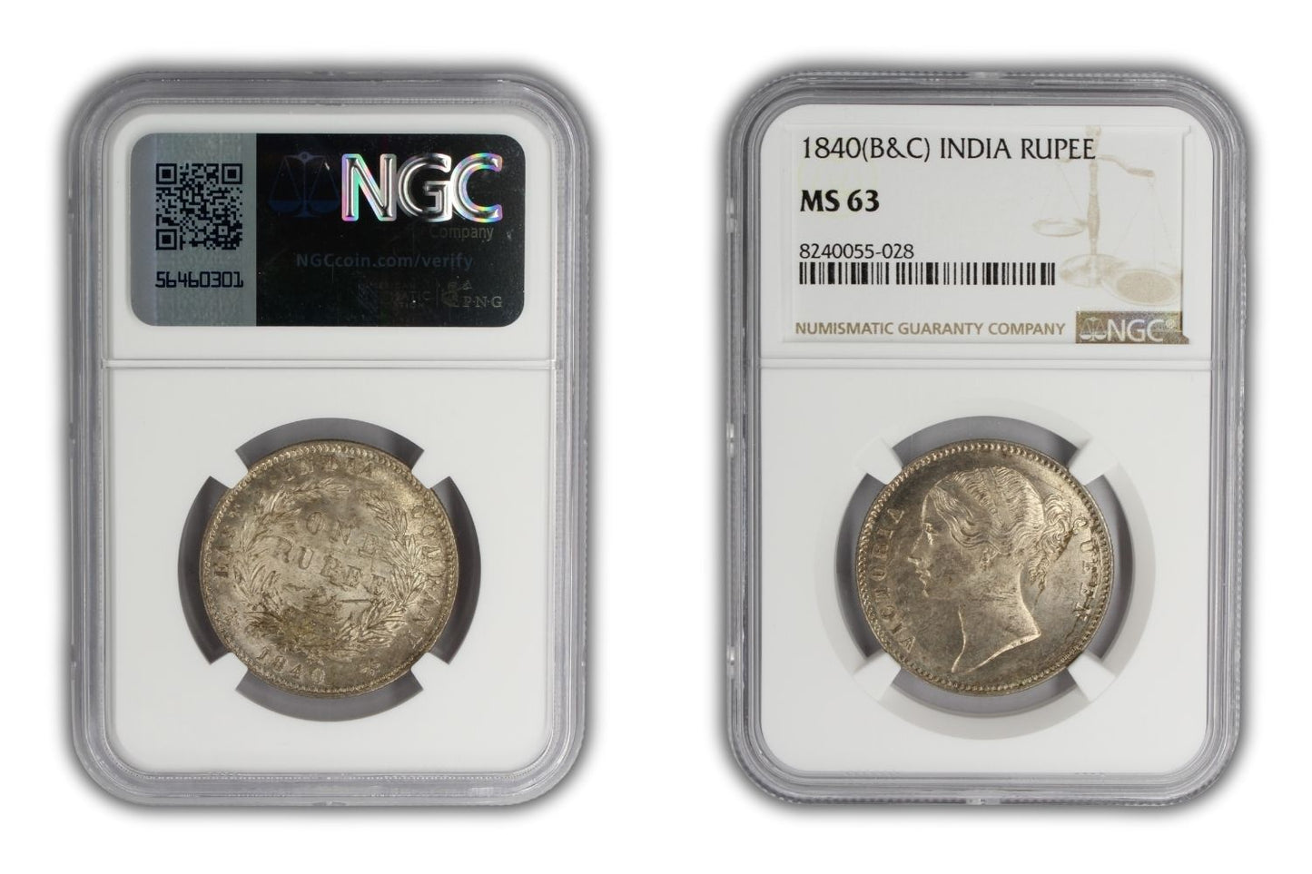 1840 India Silver Rupee Coin NGC MS 63