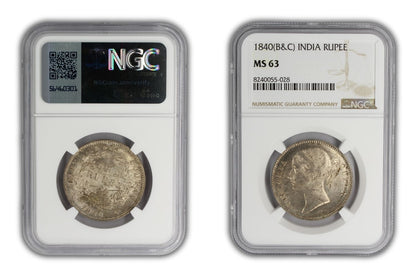 1840 India Silver Rupee Coin NGC MS 63