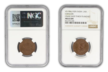 1929 India Gwalior Princely State 1/4 Anna Coin NGC MS65 BN