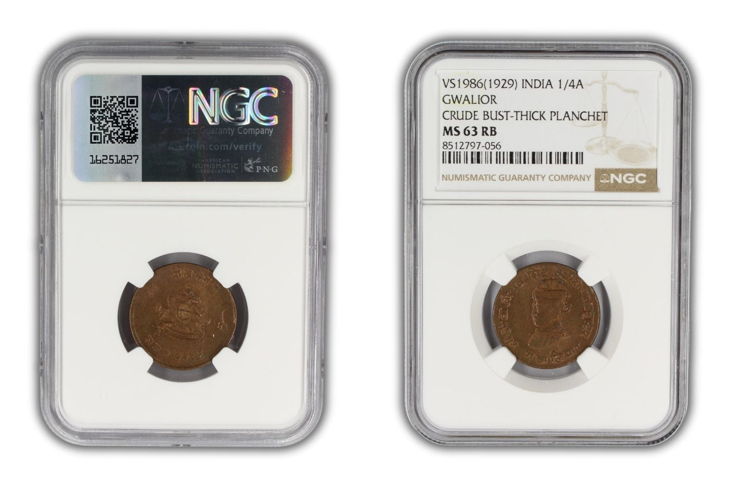 1929 India Gwalior Princely State 1/4 Anna Coin NGC MS63 RB