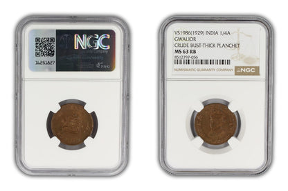 1929 India Gwalior Princely State 1/4 Anna Coin NGC MS63 RB