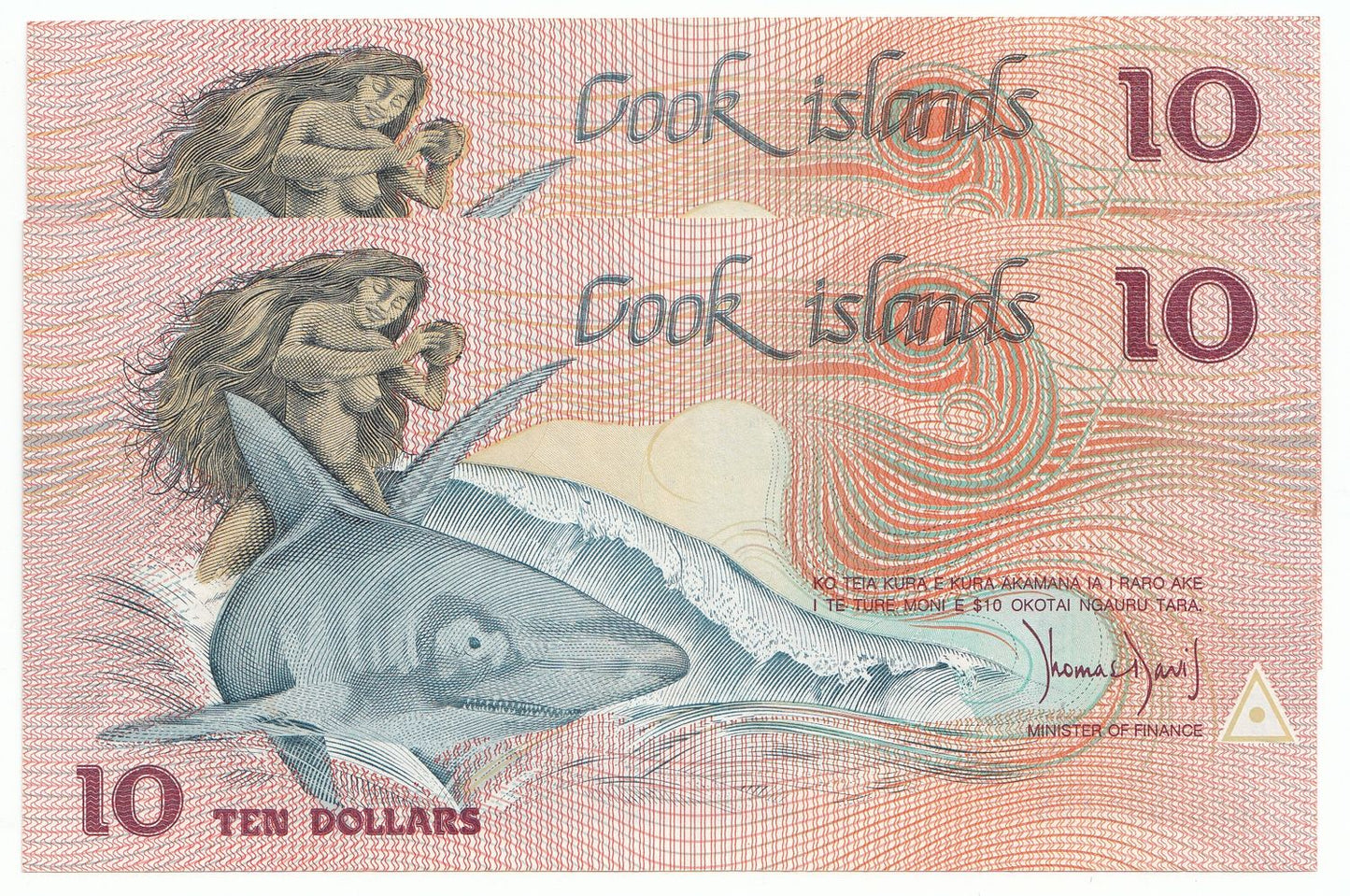 1987 Cook Islands $10 Note P3A aUNC - UNC x2