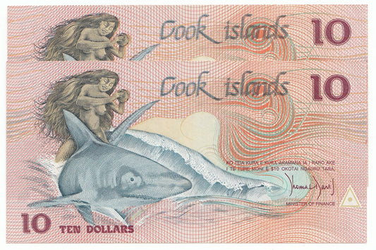 1987 Cook Islands $10 Note P3A aUNC - UNC x2