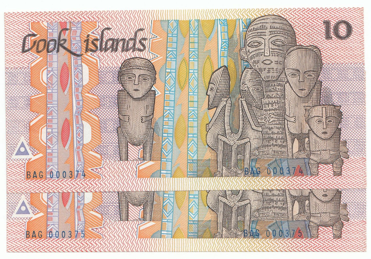 1987 Cook Islands $10 Note P3A aUNC - UNC x2