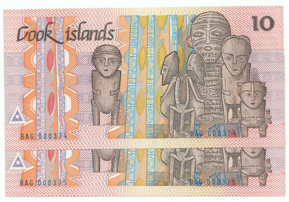 1987 Cook Islands $10 Note P3A aUNC - UNC x2