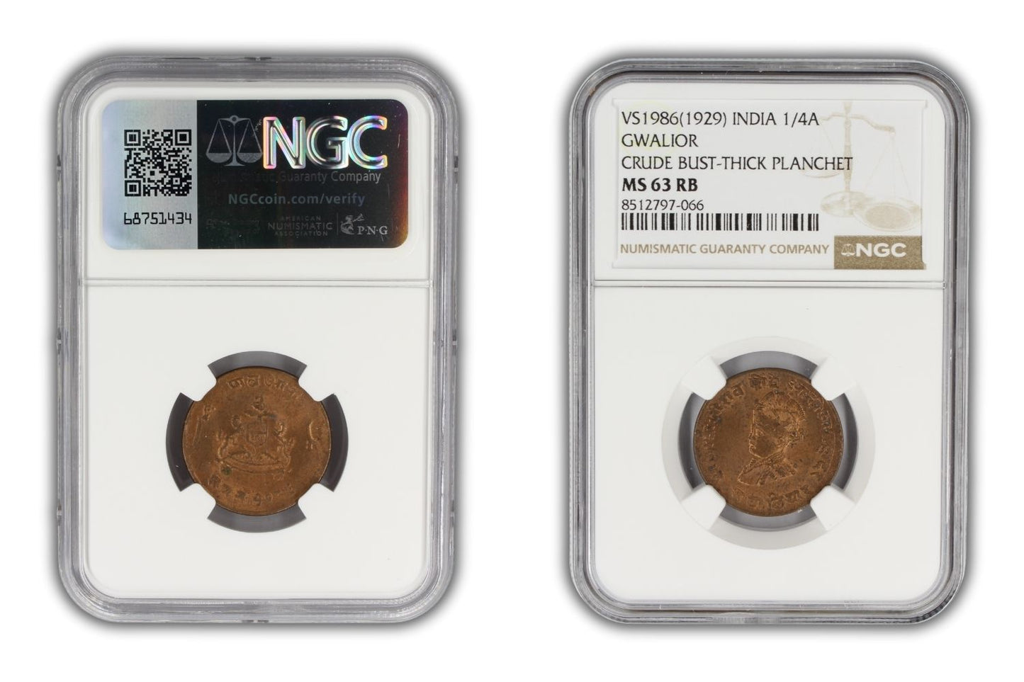 1929 India Gwalior Princely State 1/4 Anna Coin NGC MS63 RB